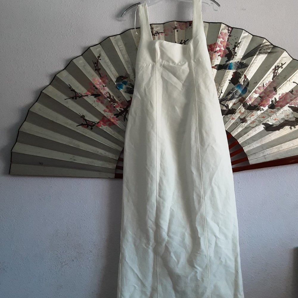 White linen open back dress